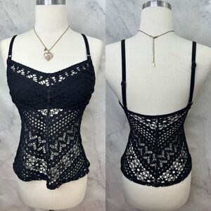 Robin Piccone Black Pua Fishnet Cami Swimsuit Bikini Top Sz S Grunge Punk rock